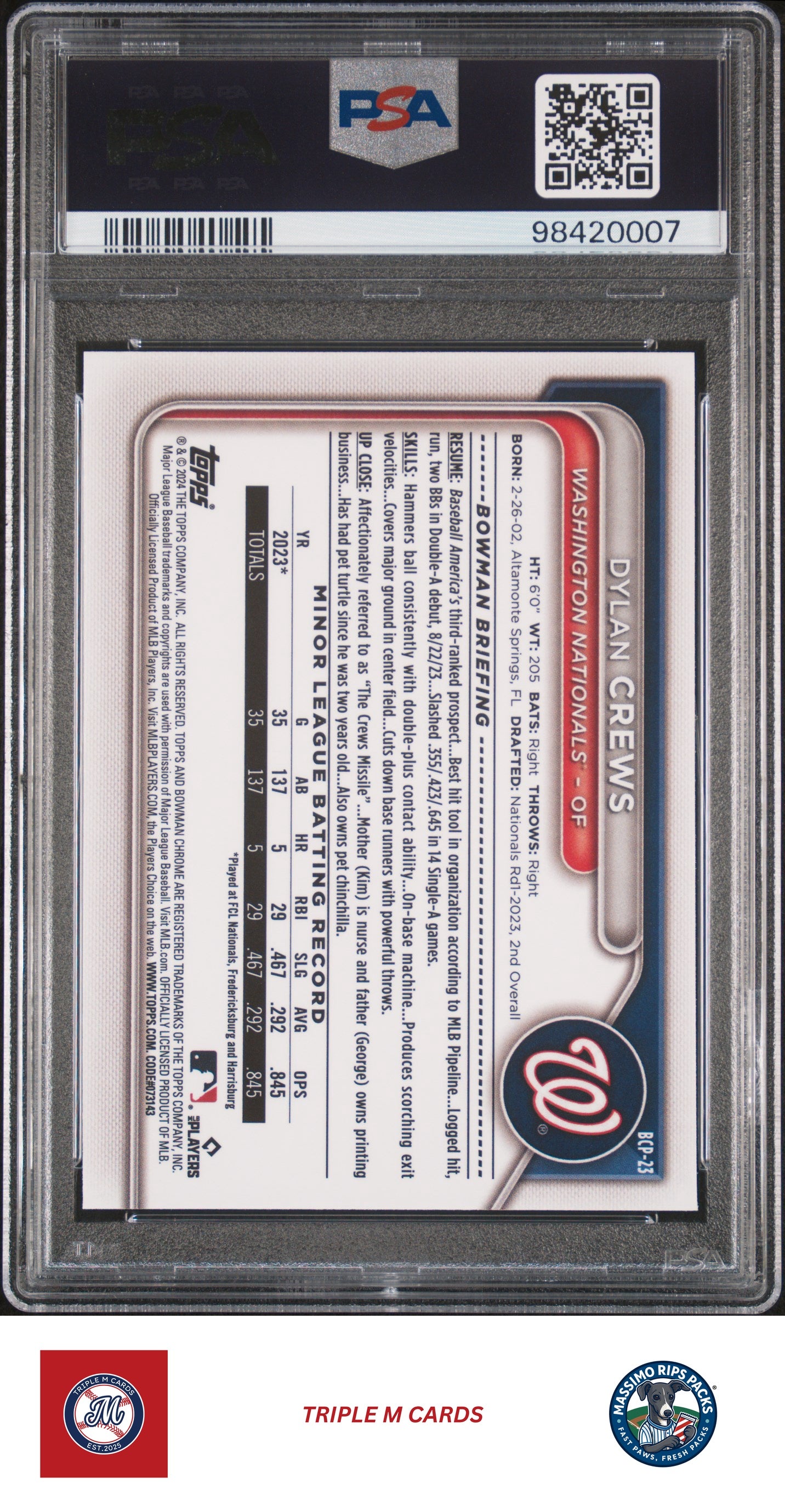 2024 Bowman #BCP-23 Dylan Crews Chrome Prospects PSA 9