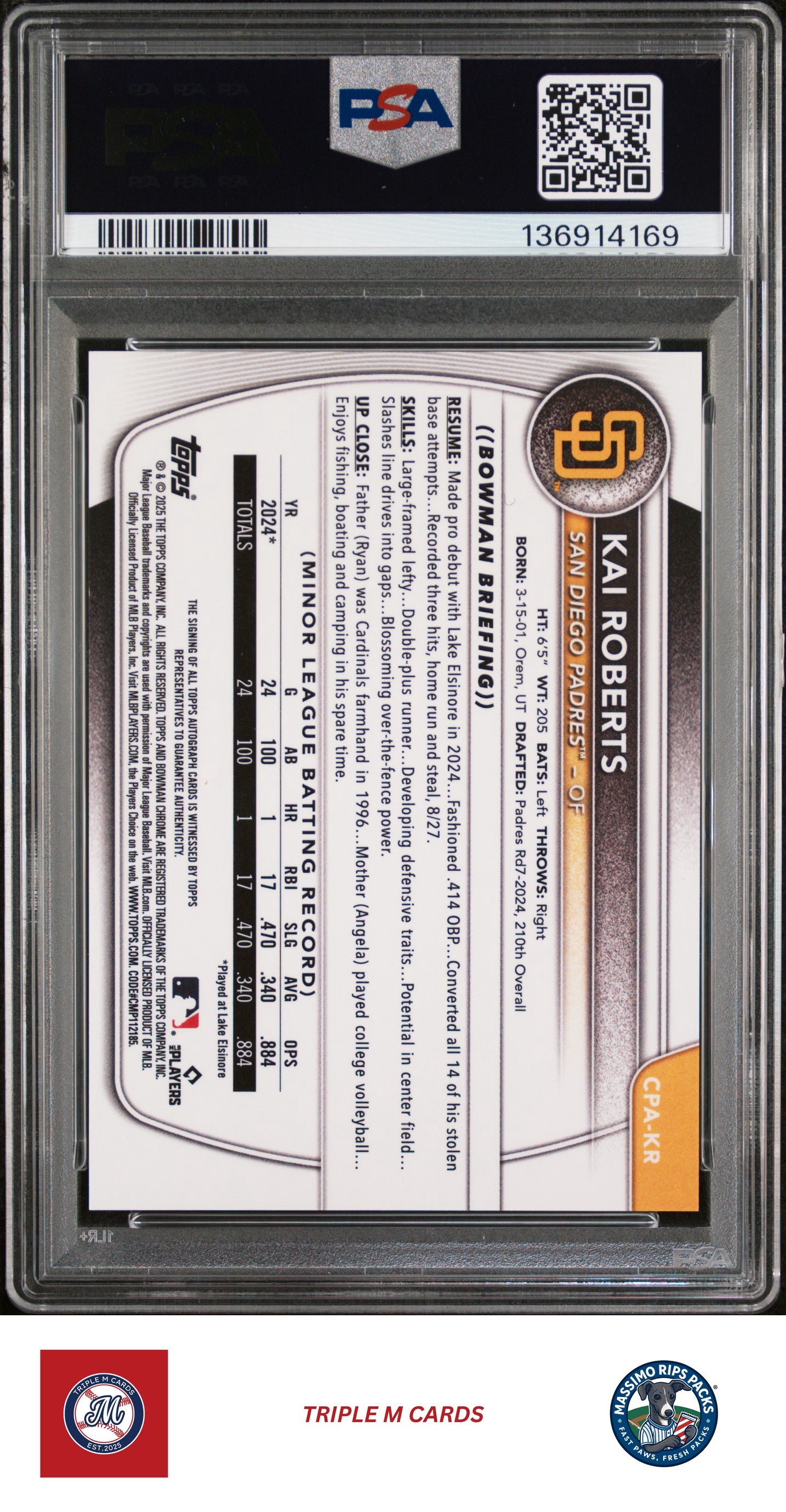 2025 Bowman Chrome #CPA-KR Kai Roberts Prospect Autographs PSA 9